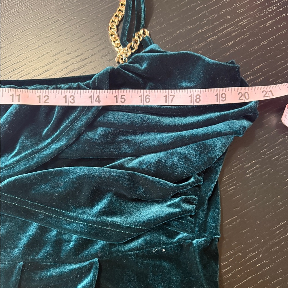 Cider Emerald Green Velvet Jumpsuit with Draped Bust and Chain Straps - Picture 7 of 7